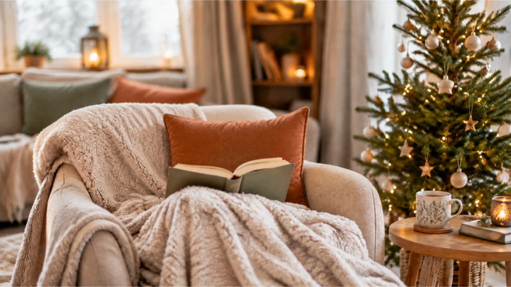 Weihnachten mit Autismus – gemütlicher Sessel mit Kuscheldecke, offenem Buch und beleuchtetem Weihnachtsbaum.